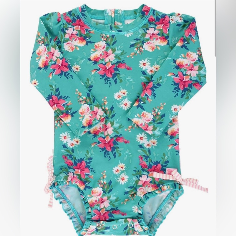 SOLD- RuffleButts Girls UPF 50+ Fancy Me floral Long Sleeve One Piece Swimsuit